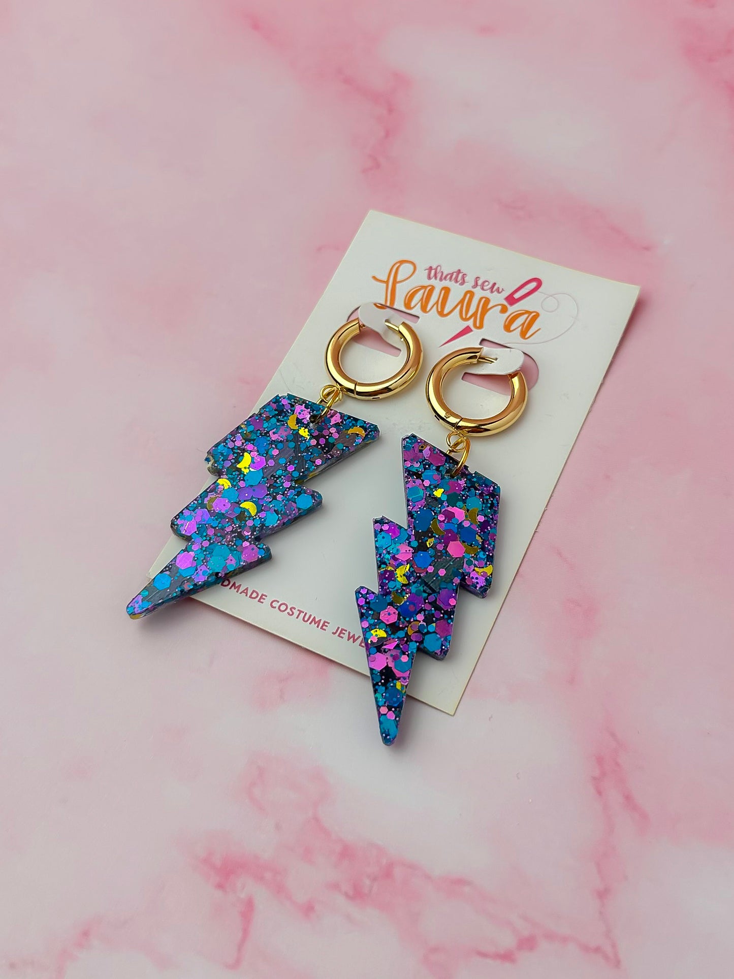 Mystical moon lighting bolts - purple, blue & gold Resin Earrings