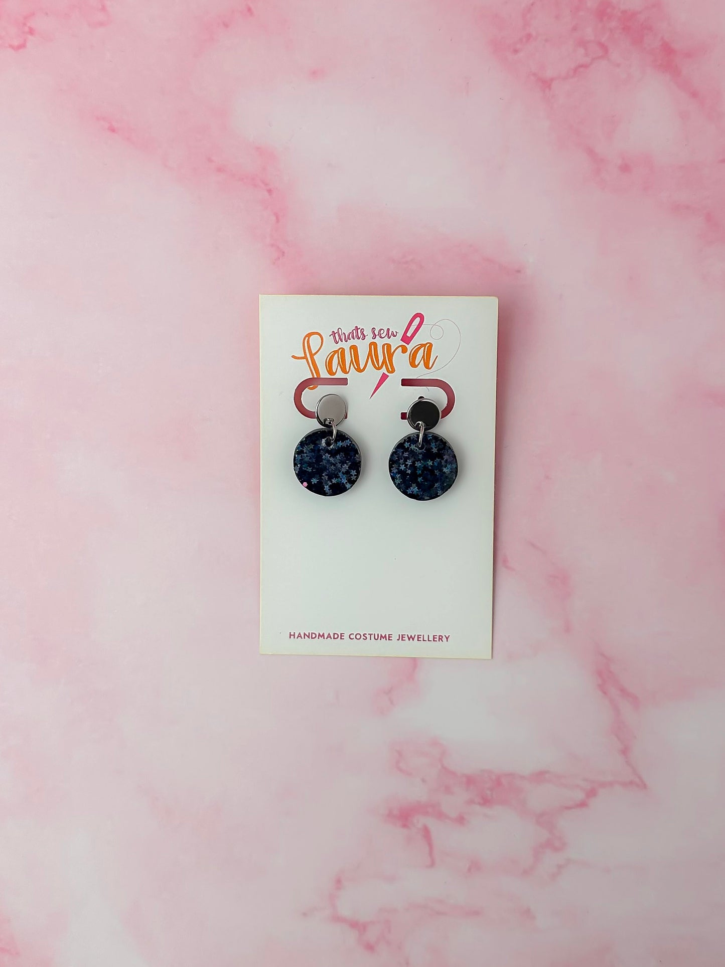 Midnight silver circles - black star glitter Resin Earrings