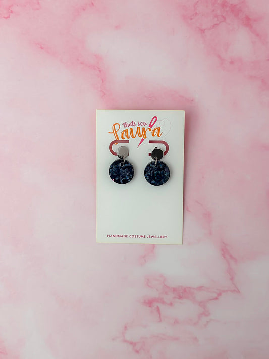 Midnight silver circles - black star glitter Resin Earrings