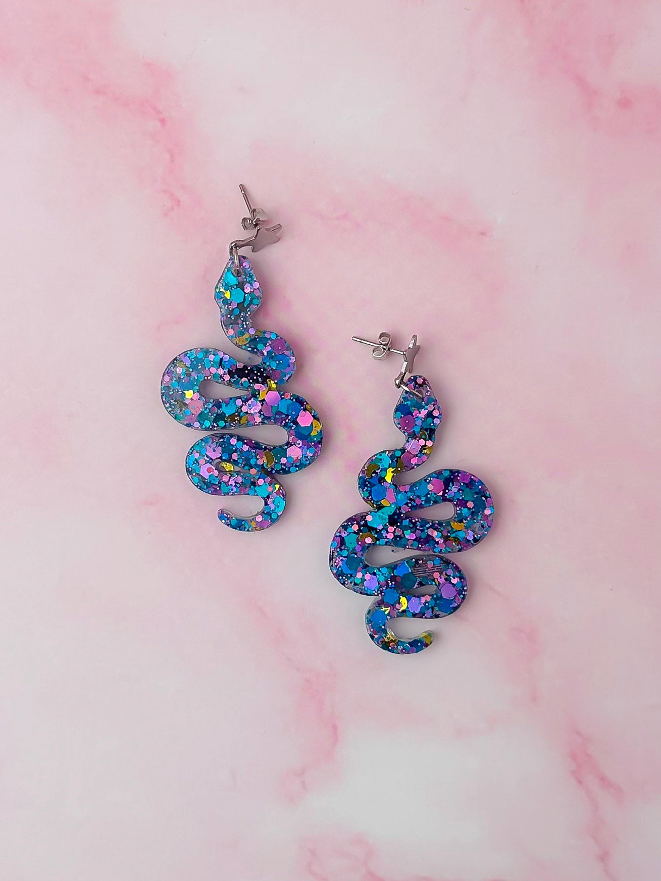 Mystical moon snakes - purple, blue & gold Resin Earrings