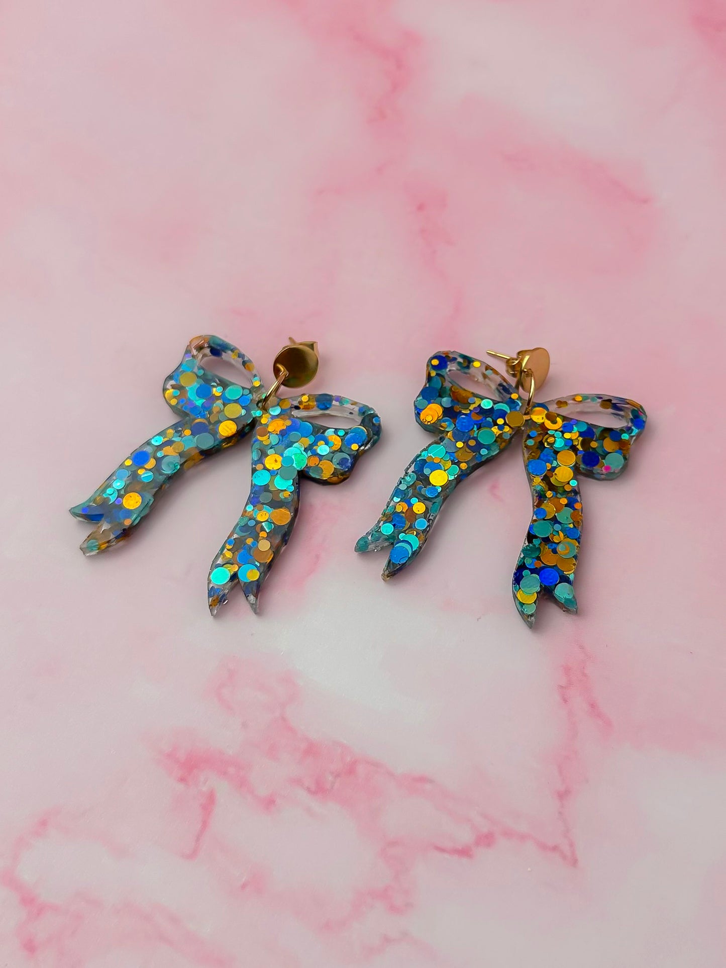 Hermes Bows - blue & gold glitter Resin Earrings