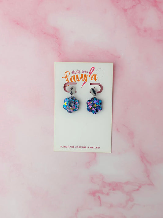 Mystical Moon flowers - Blue, purple & gold glitter Resin Earrings
