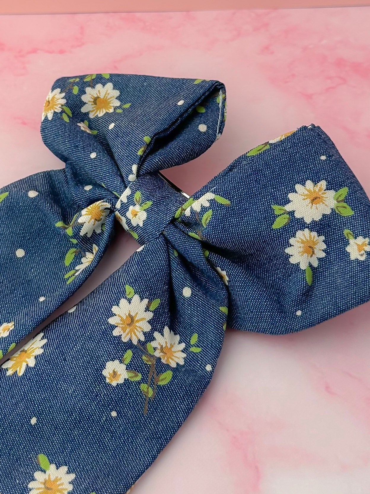 Jean - Daisy denim long Hair Bow