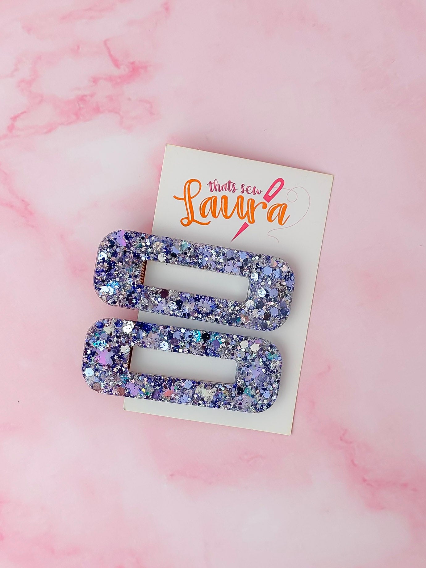 Winter Bow - Blue & Silver Glitter Oblong Resin Hair Clips