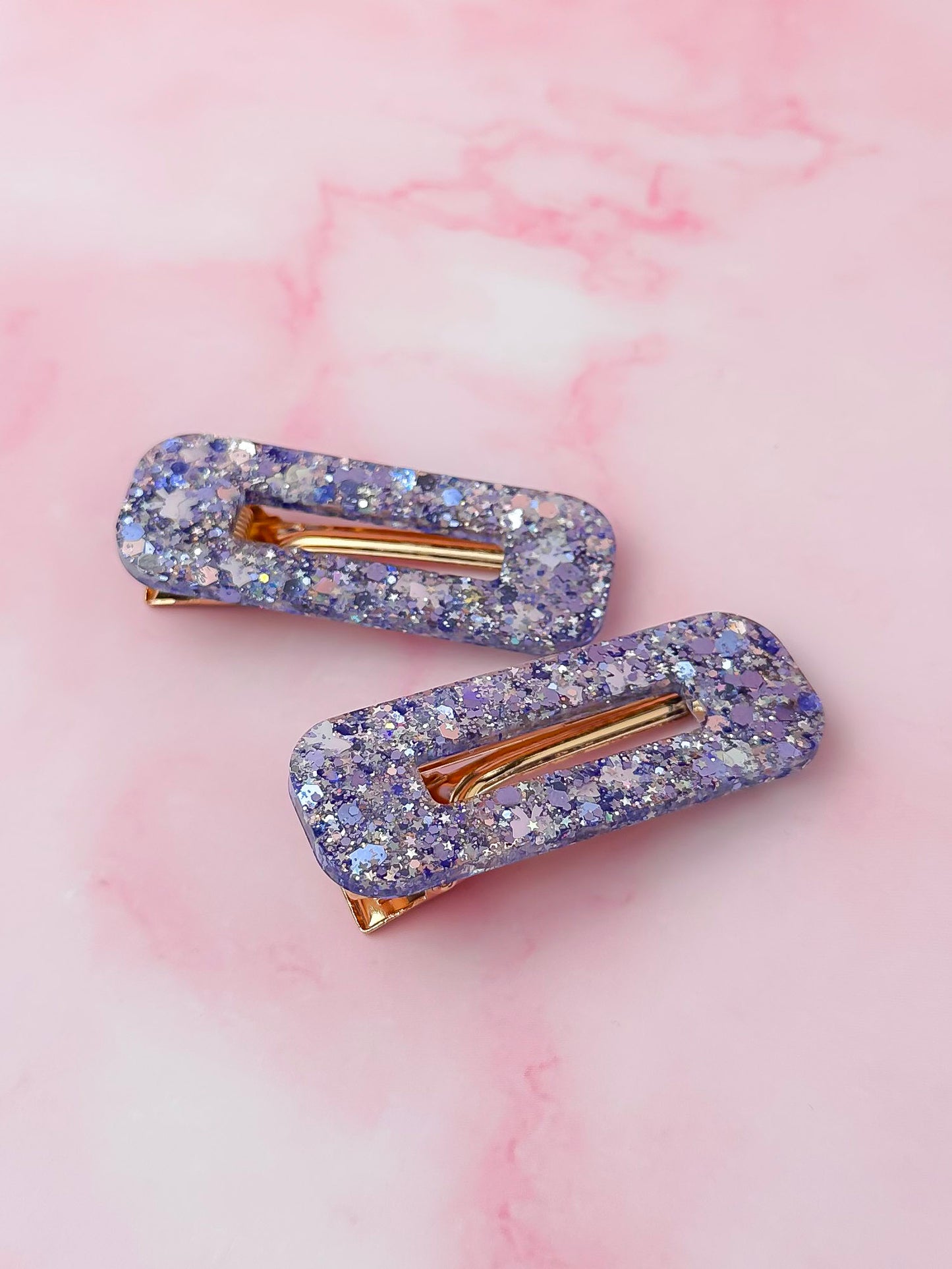 Winter Bow - Blue & Silver Glitter Oblong Resin Hair Clips