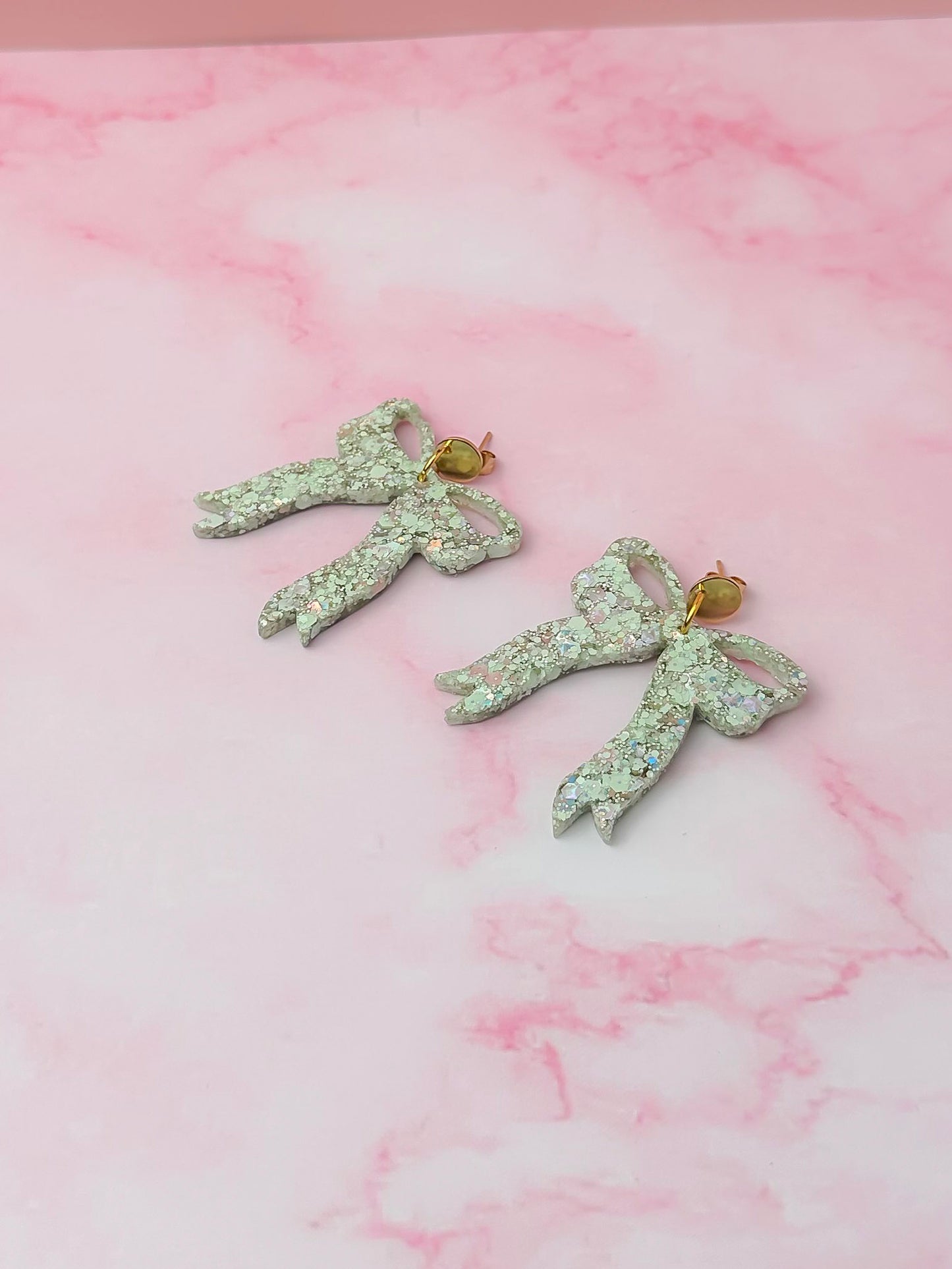 Meadow Bows - green and gold glitter Resin Earrings