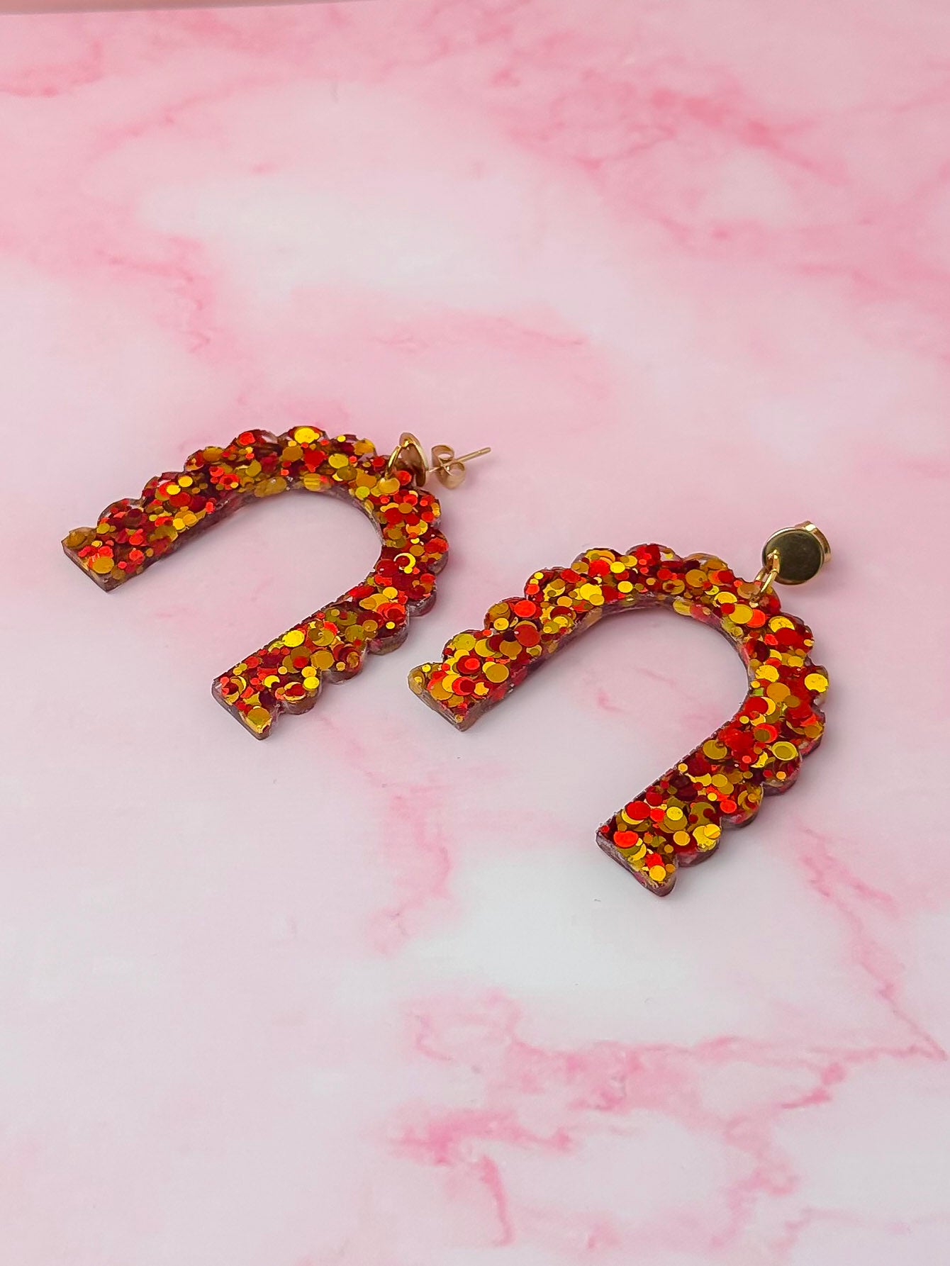 Seasonal Arches - Red & gold glitter Resin Earrings