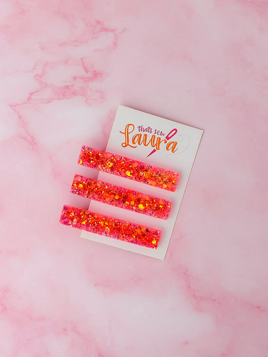 Only Orange - Fluorescent Orange Glitter Trio Resin Hair Clips