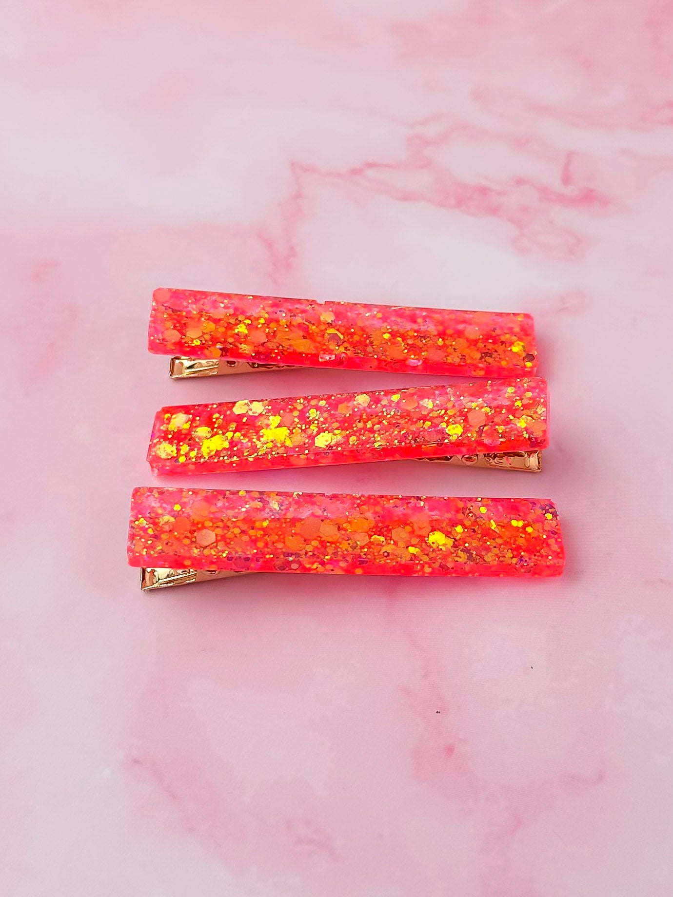 Only Orange - Fluorescent Orange Glitter Trio Resin Hair Clips