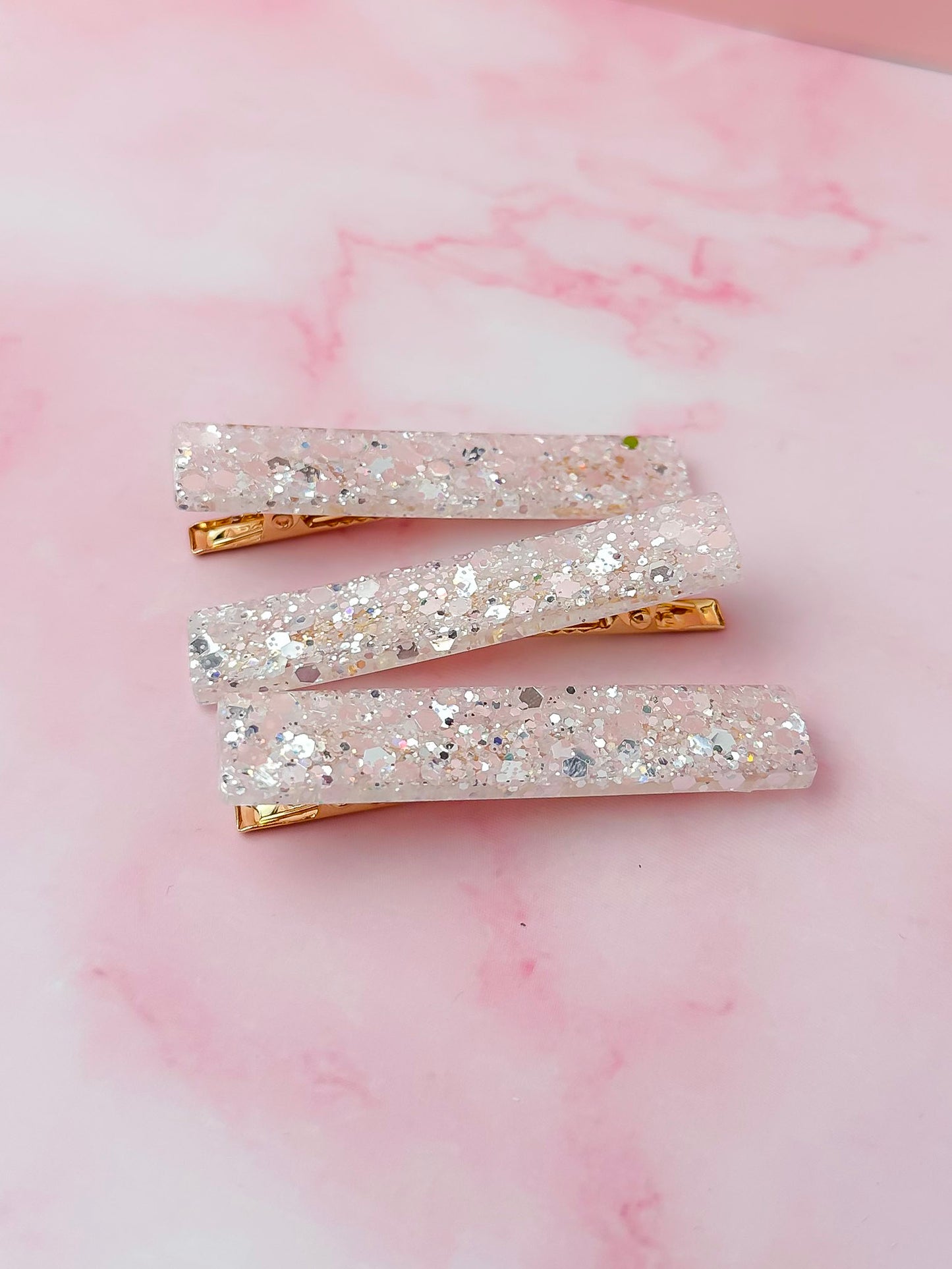 Alaska - White Glitter Trio Resin Hair Clips