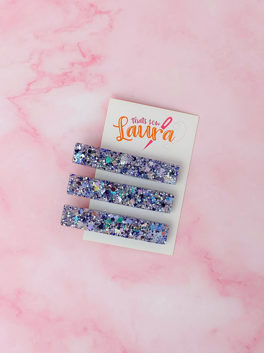 Winter Bow - Blue & Silver Glitter Trio set of  Resin Hair Clips