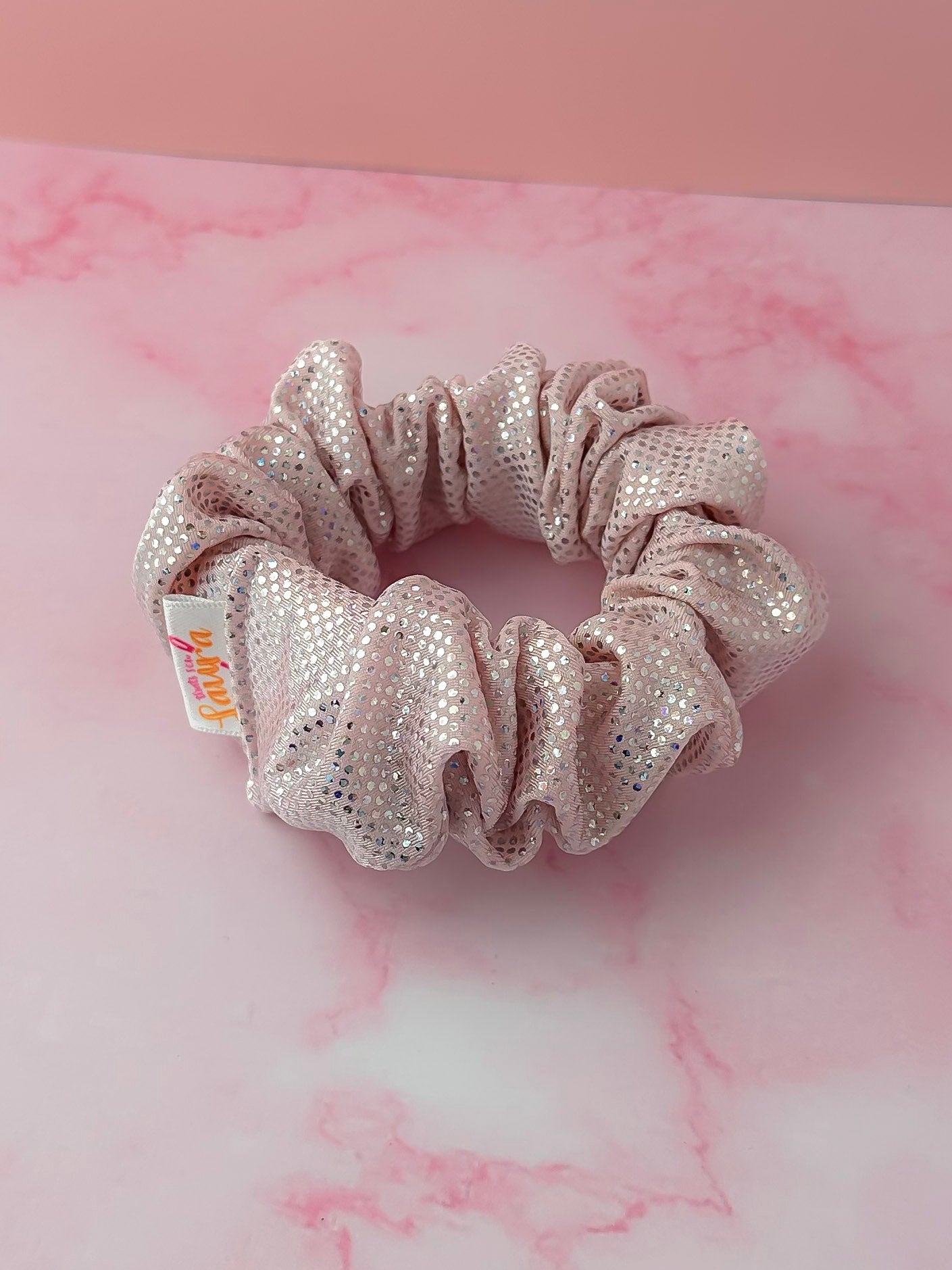 Josie - Light Pink glitter dance fabric wide scrunchie