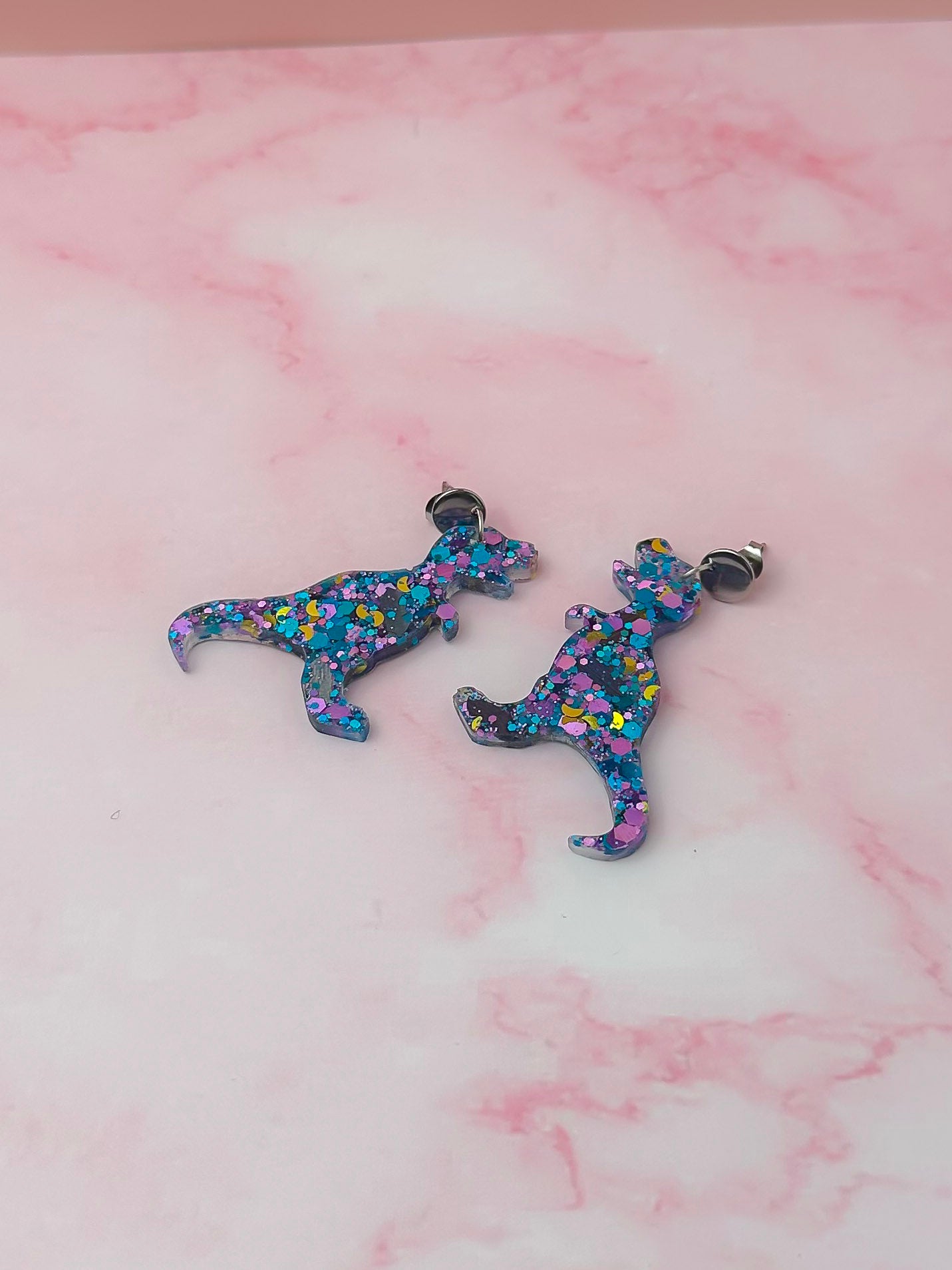 Mystical moon Dinosaurs - purple, blue & gold Resin Earrings