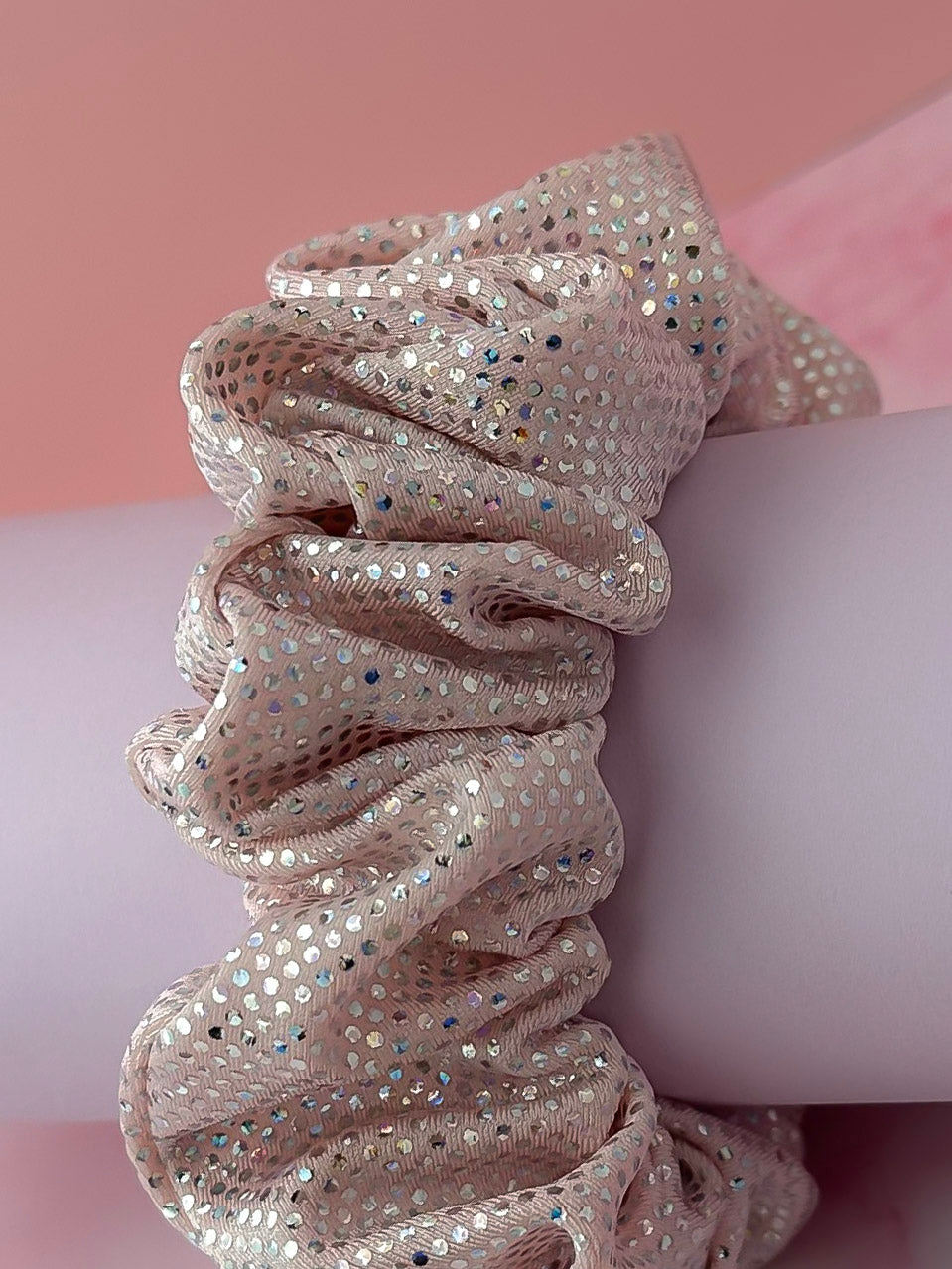 Josie - Light Pink glitter dance fabric wide scrunchie
