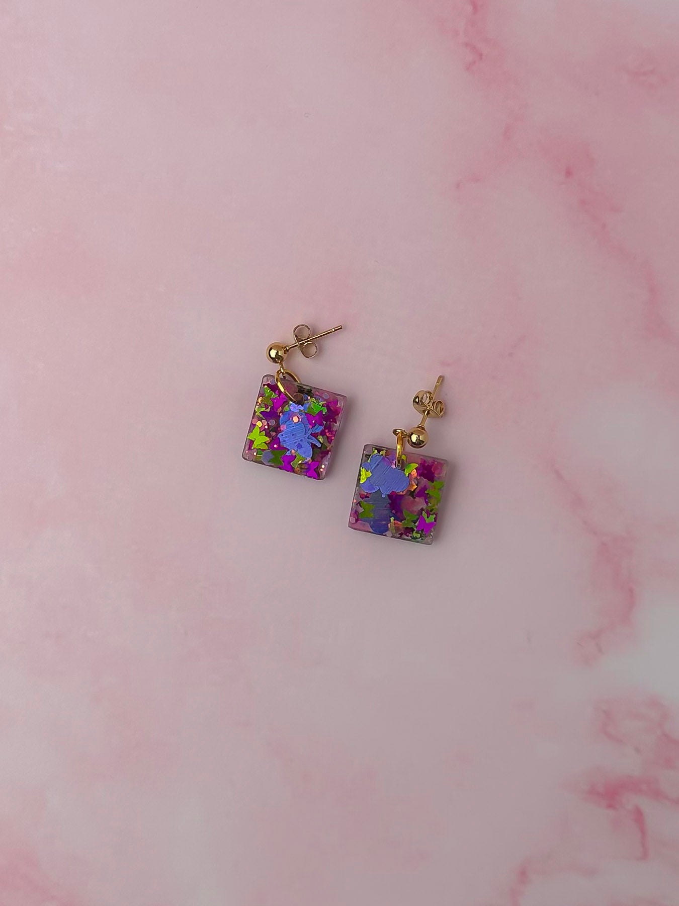 Secret Garden squares - Pink butterfly glitter Resin Earrings
