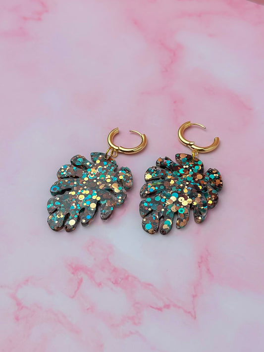 Taurus Leaf - Blue, Brown and gold glitter Resin Earrings