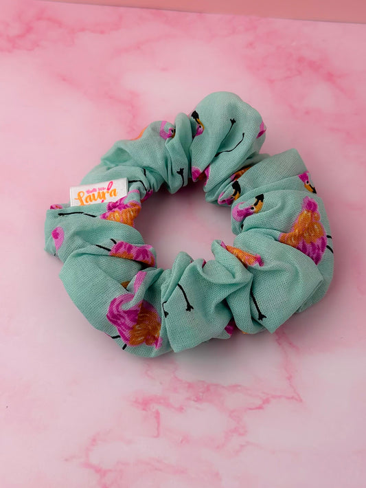 Flamingo Fancy - Blue & Pink flamingo print classic scrunchie