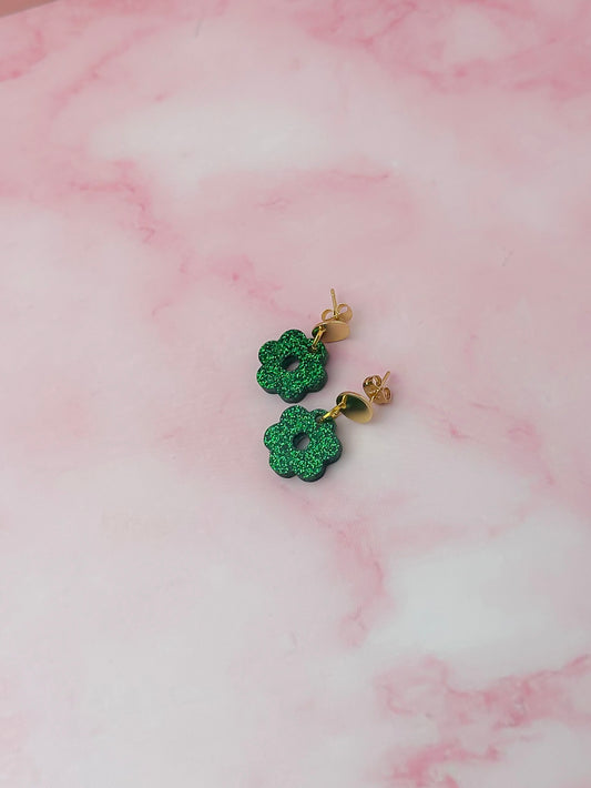 Forrest Flowers - Dark Green flower glitter Resin Earrings