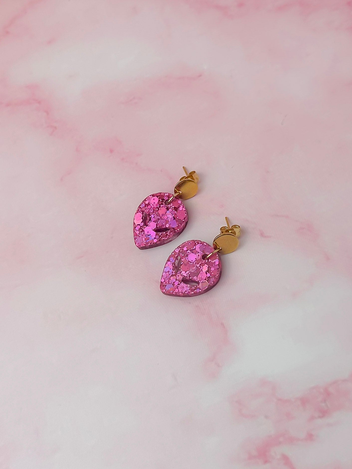 Pink Aliens - pink glitter Resin Earrings