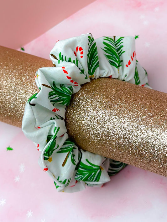 Classic Christmas- Cotton Christmas tree and candy cane themed Christmas classic scrunchie