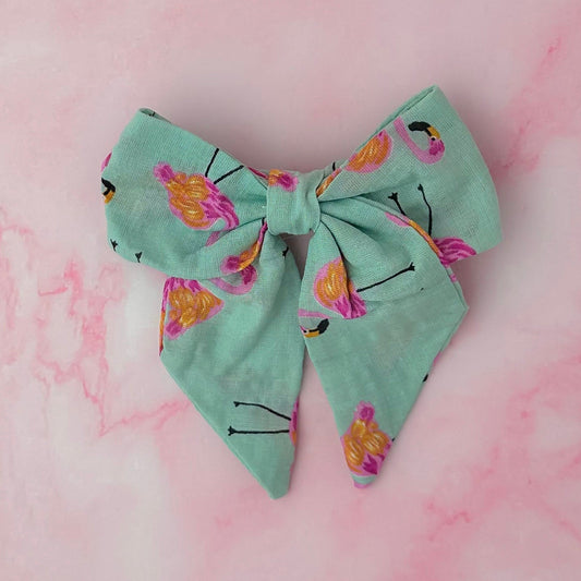 Flamingo Fancy - Blue & Pink Flamingo print classic Hair Bow