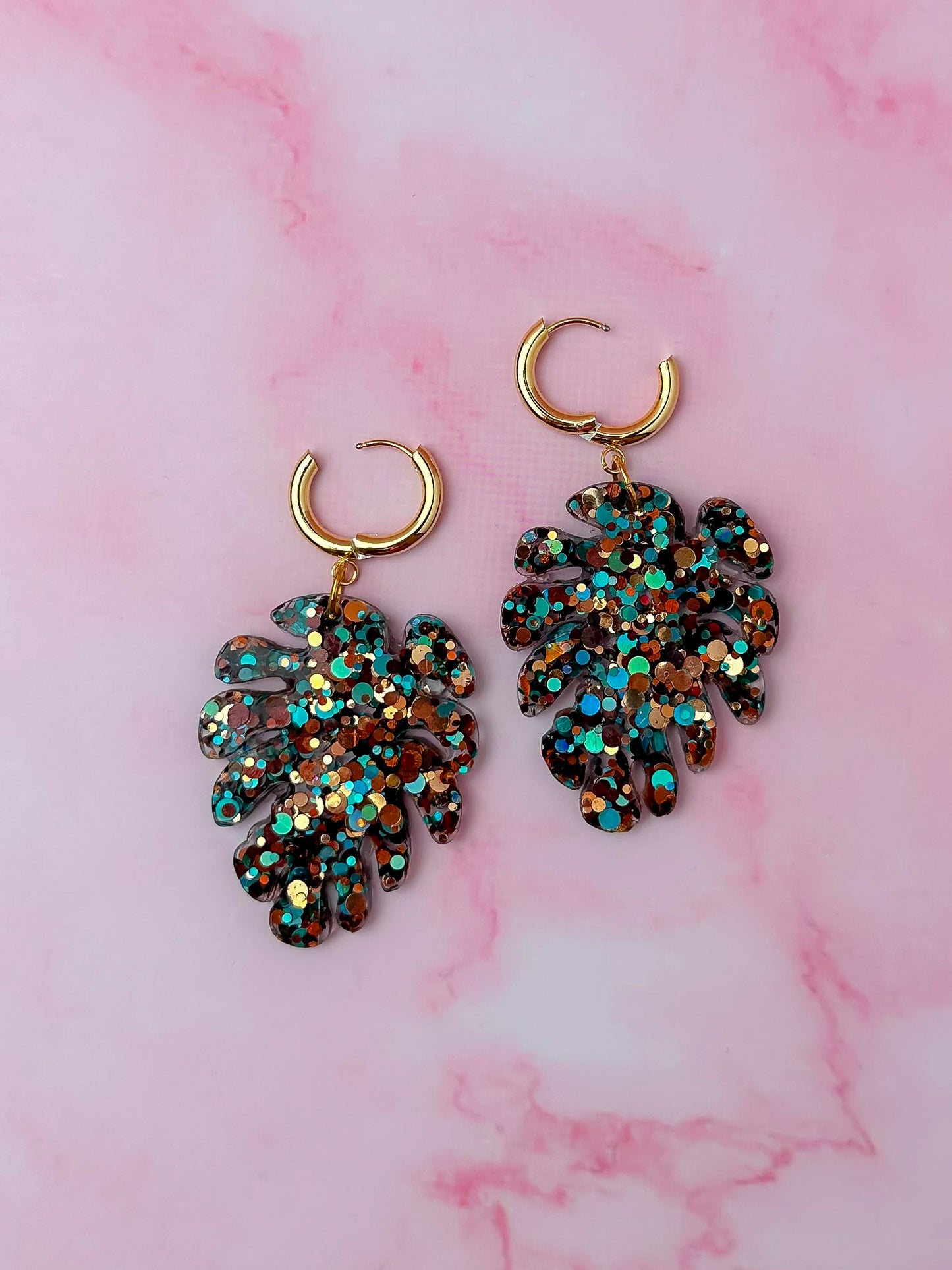Taurus Leaf - Blue, Brown and gold glitter Resin Earrings