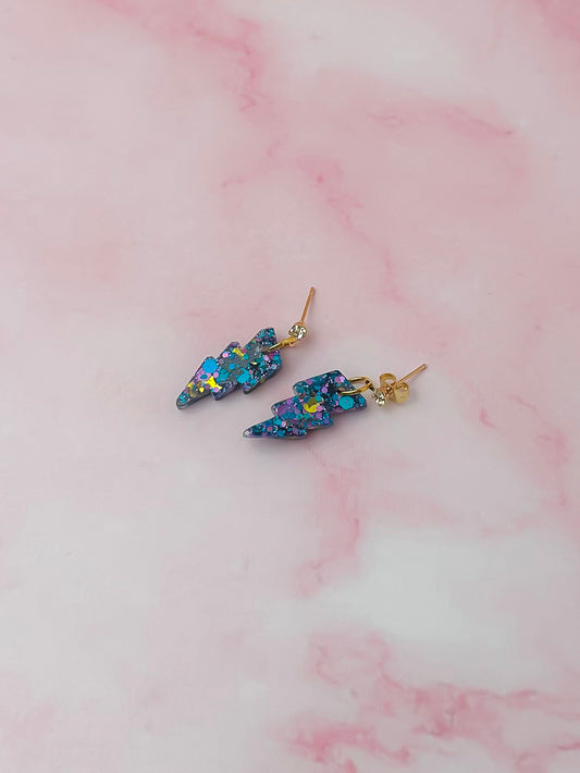 Mystical Moon lightning bolts - Blue, purple & gold glitter Resin Earrings