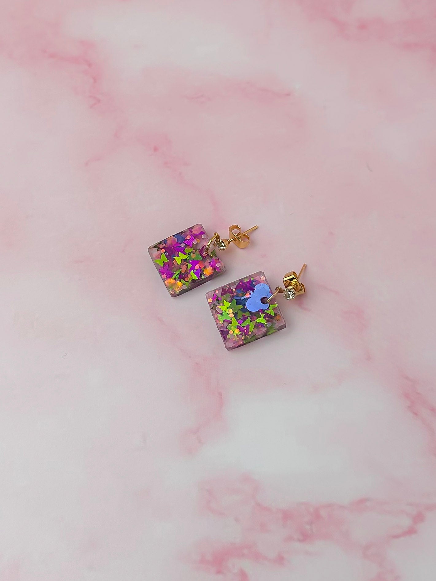 Secret Garden Squares - pink butterfly glitter Resin Earrings