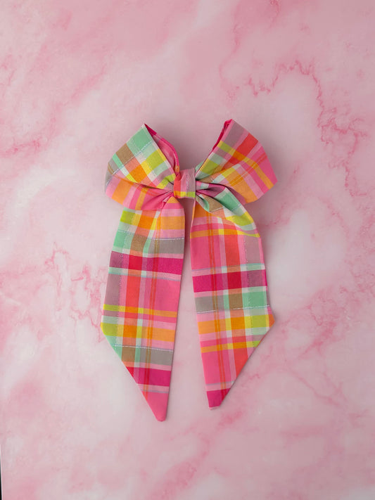 Layla -Pink and silver plaid long Hair Bow