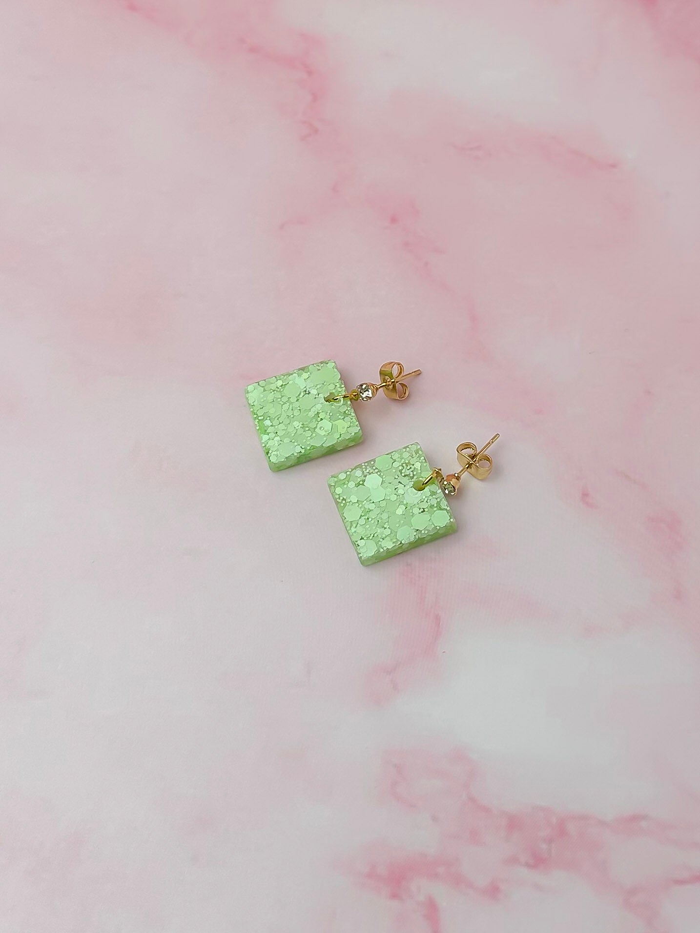 Lime Squares - Pastel lime glitter Resin Earrings