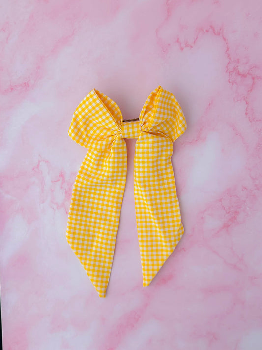 Back to School -Yellow gingham long Hair Bow