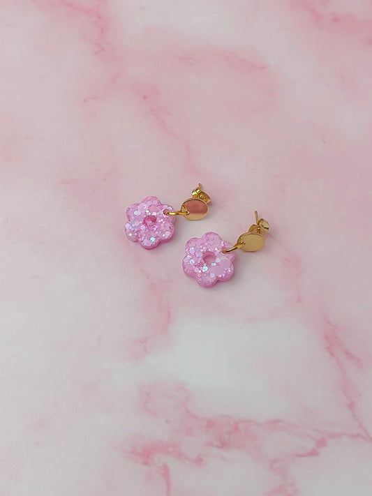 Pink flowers - Pastel pink glitter disc drops Resin Earrings