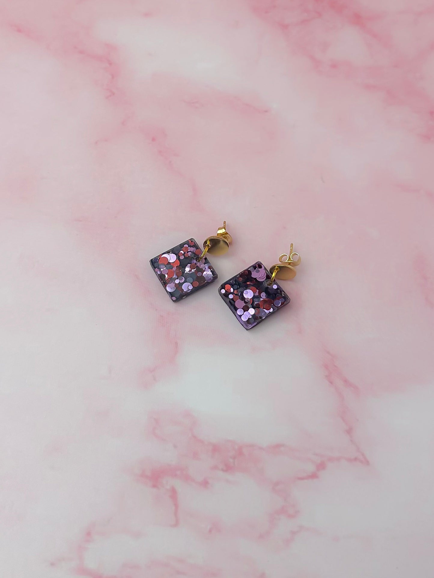 Autumn Squares - purple glitter Resin Earrings