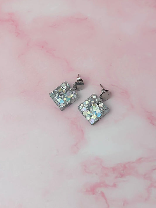 Aquarius Squares - silver glitter Resin Earrings