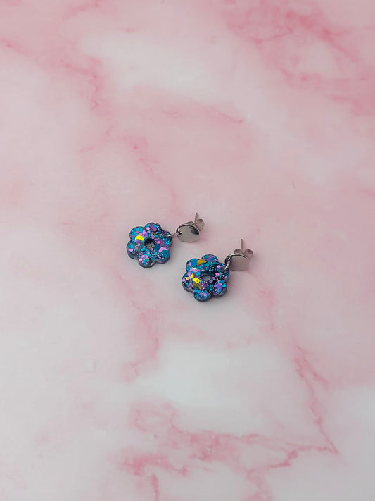Mystical Moon flowers - Blue, purple & gold glitter Resin Earrings