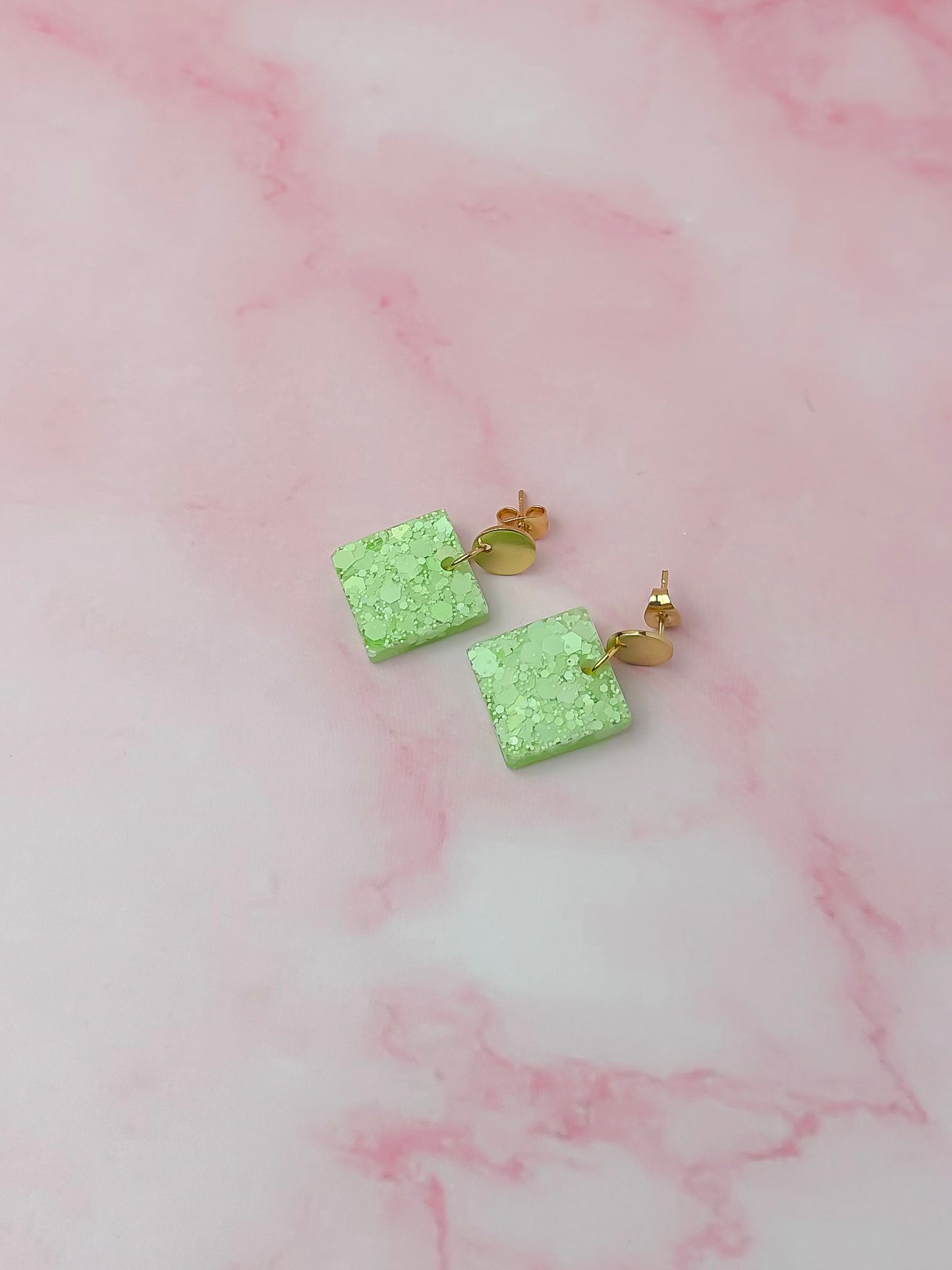 Lime Squares - Pastel lime glitter disc drops Resin Earrings