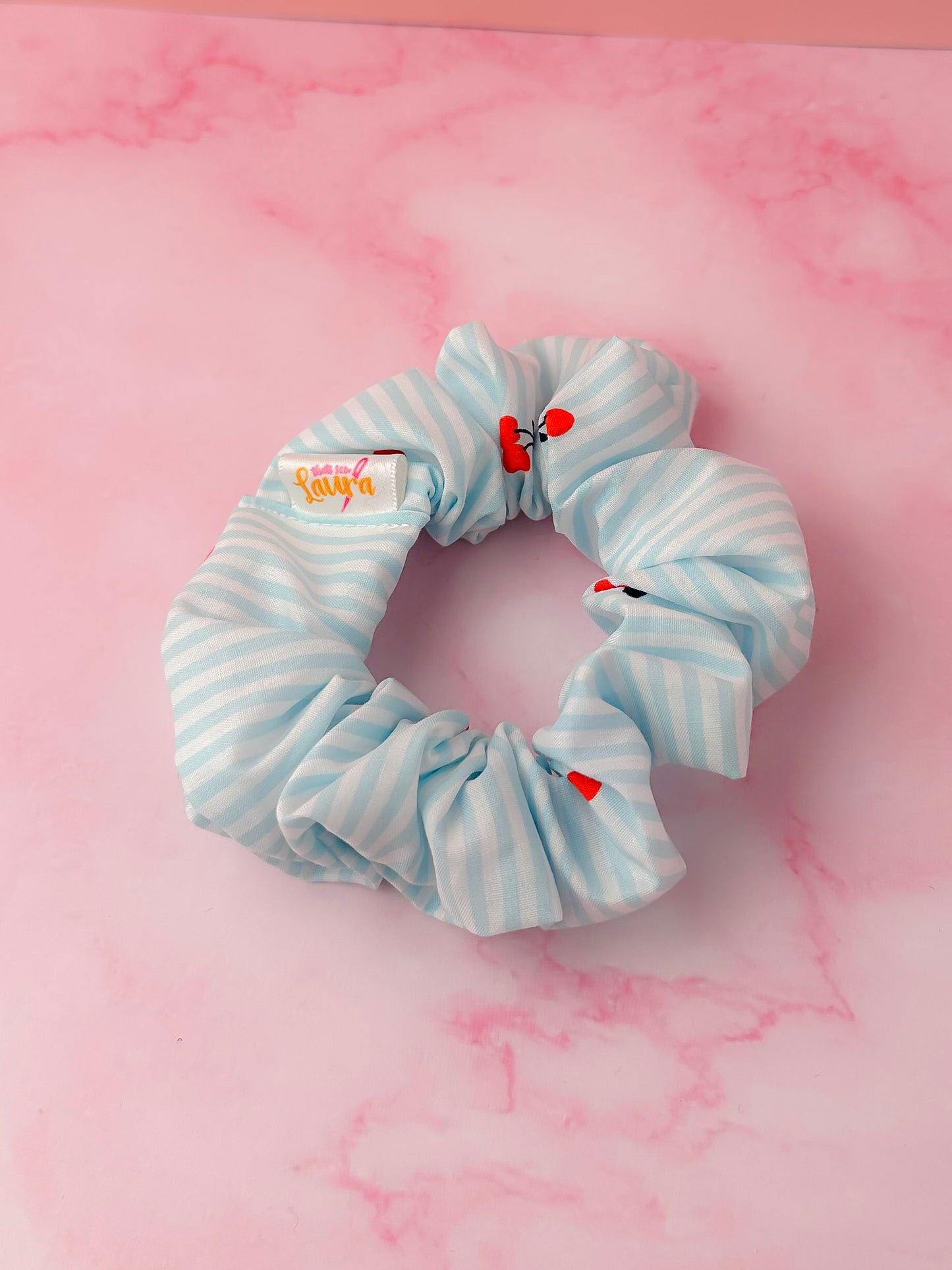 Cherrie - Blue & White striped cherry print classic scrunchie