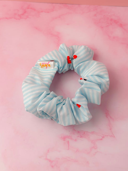 Cherrie - Blue & White striped cherry print classic scrunchie