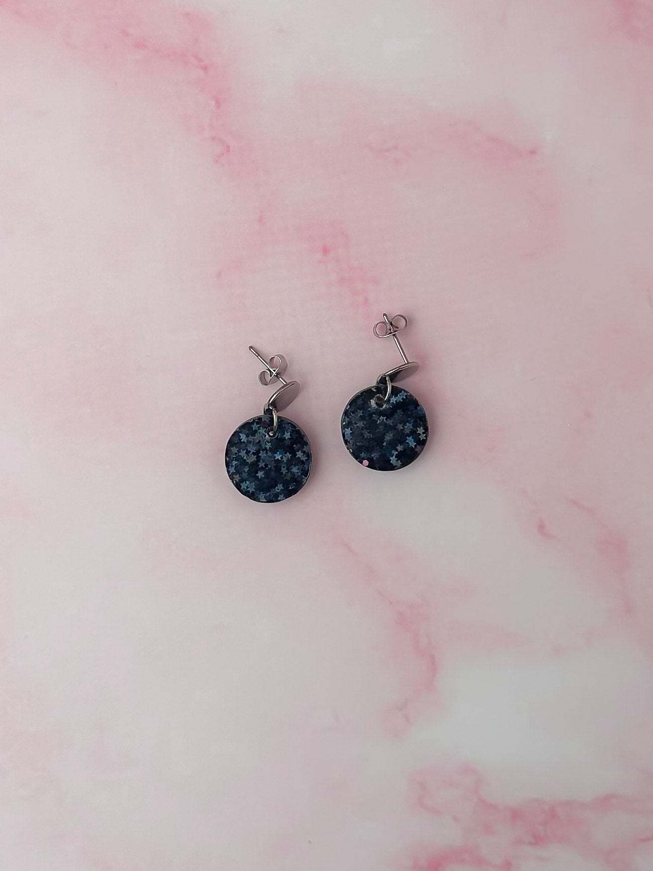 Midnight silver circles - black star glitter Resin Earrings