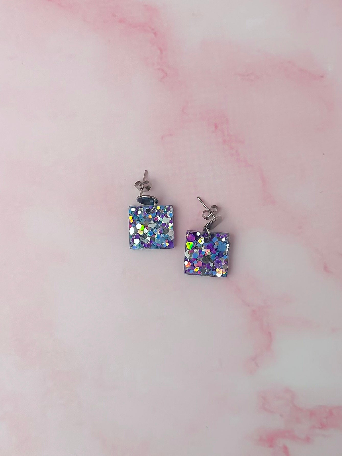Cancer Silver Squares - Silver, blue & purple glitter Resin Earrings
