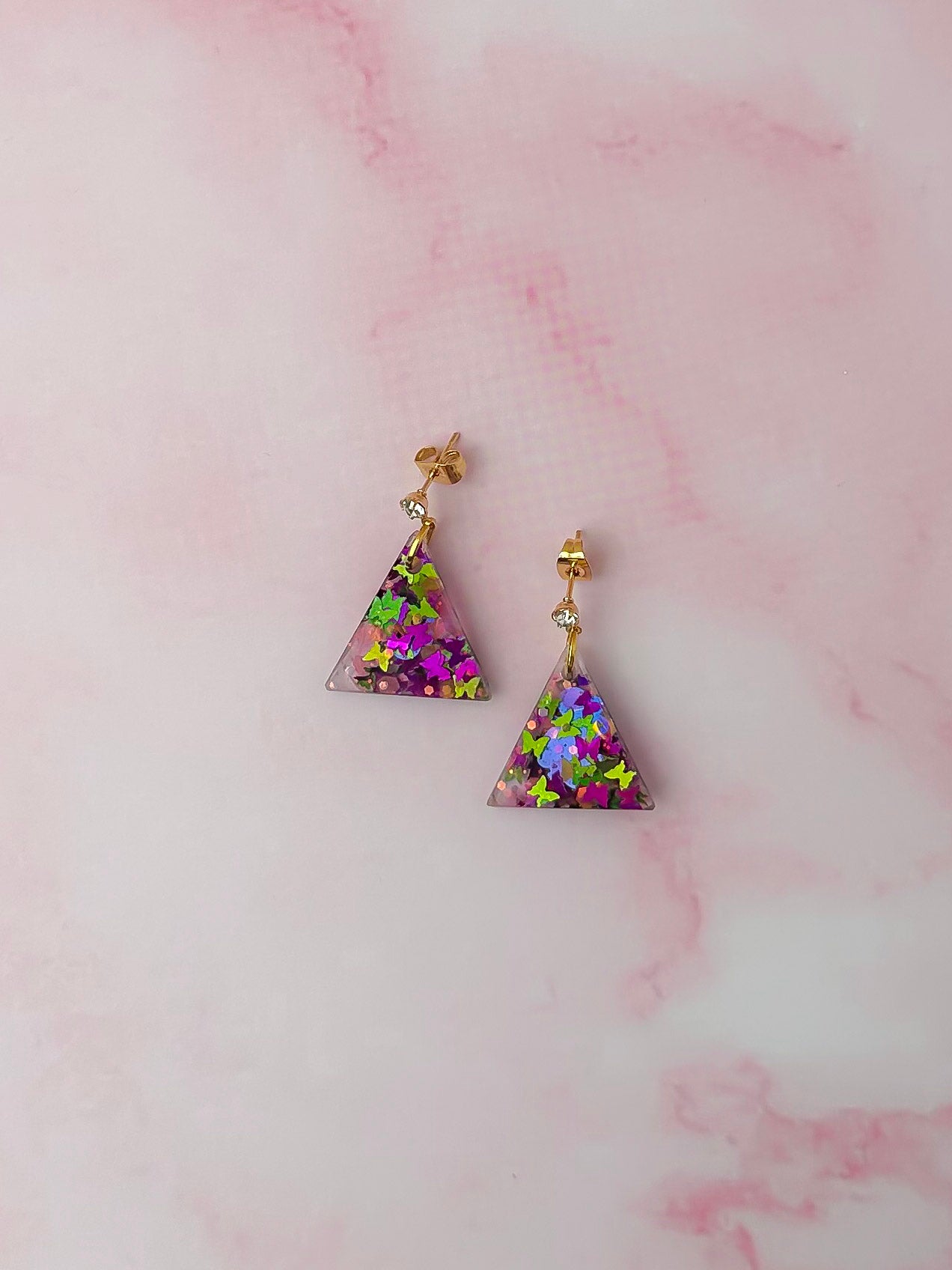 Secret Garden - Pink butterfly glitter triangle drops Resin Earrings
