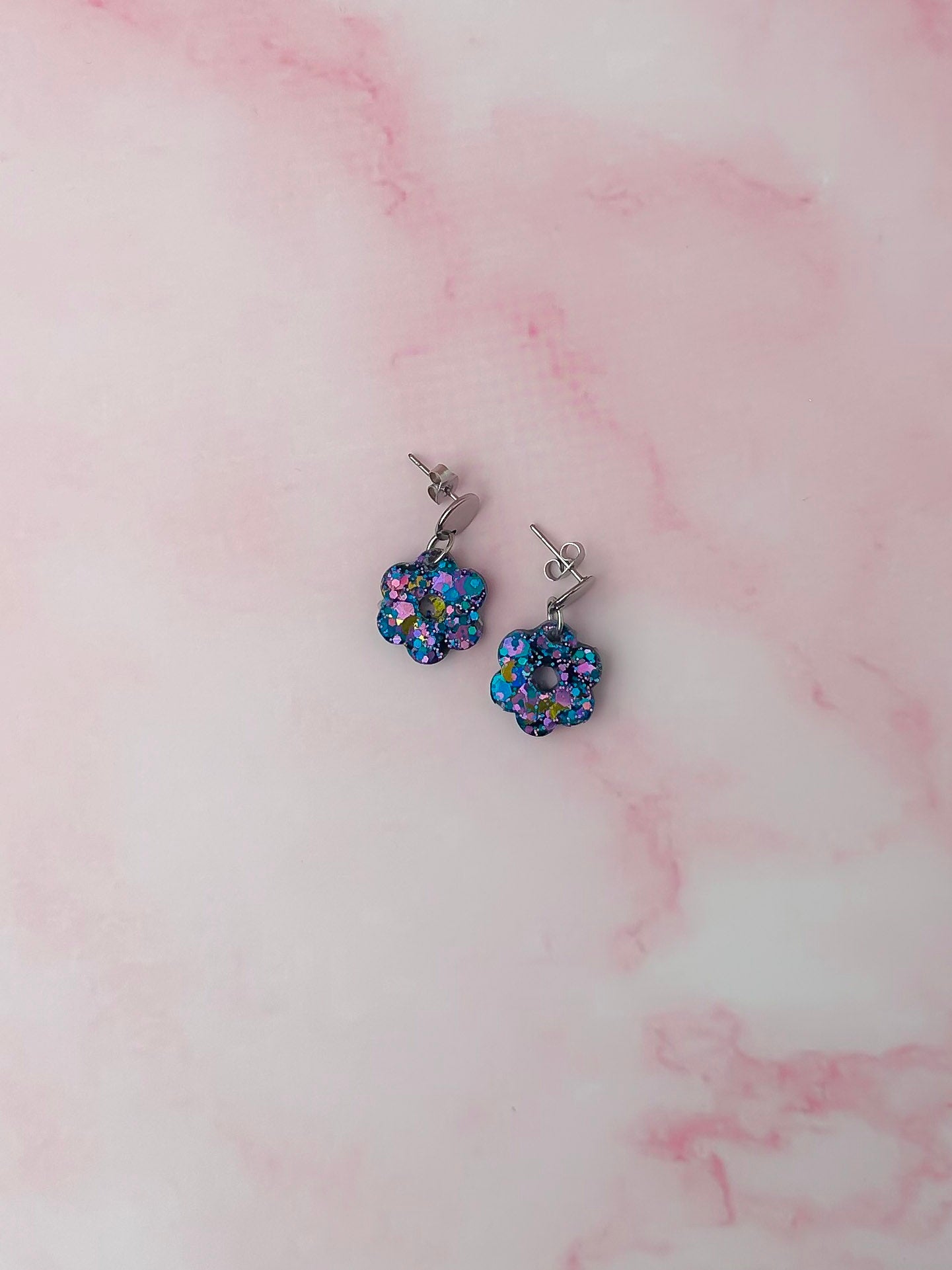 Mystical Moon flowers - Blue, purple & gold glitter Resin Earrings