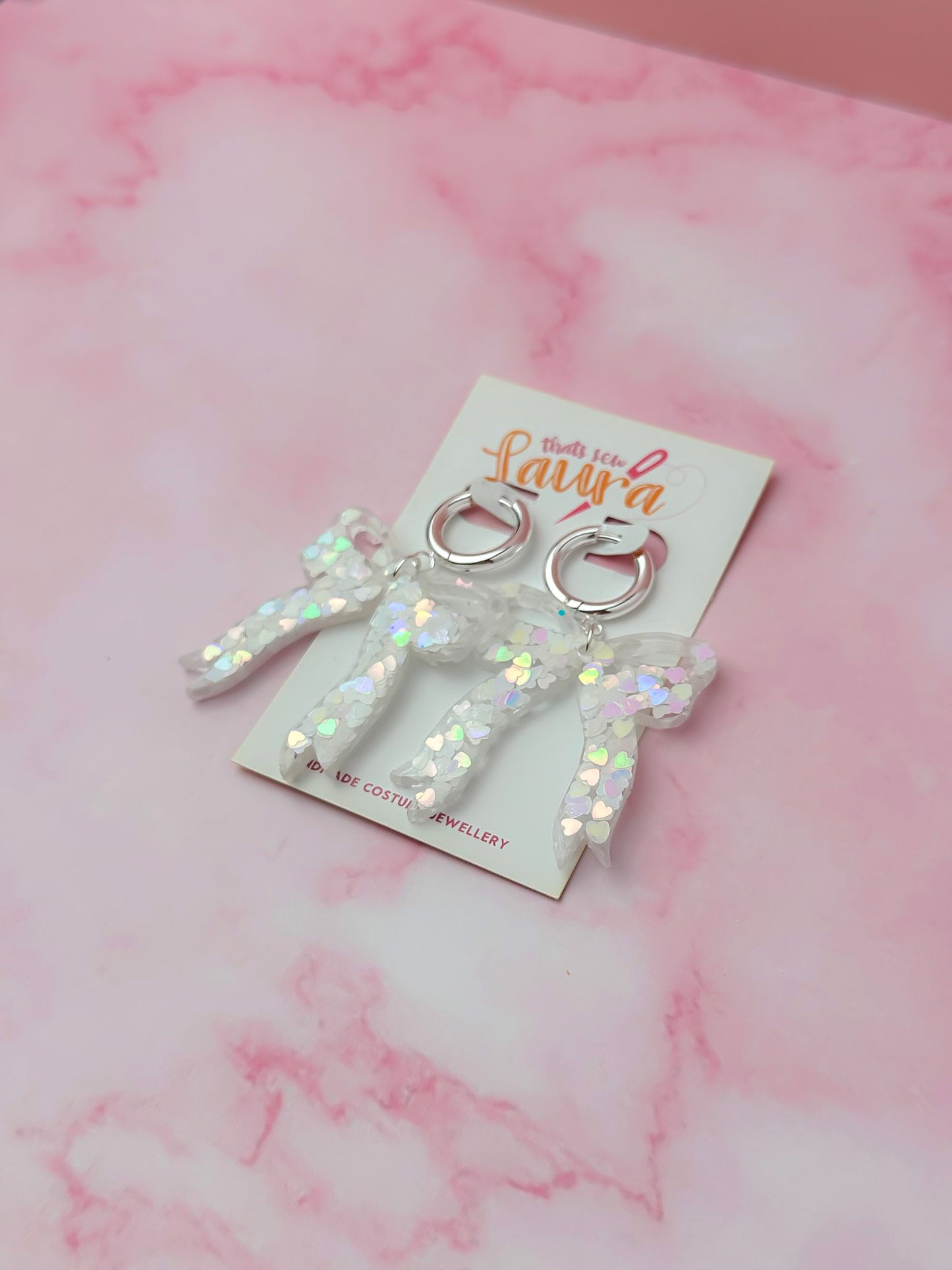 Marry Me Bows - White iridescent heart glitter Resin Earrings
