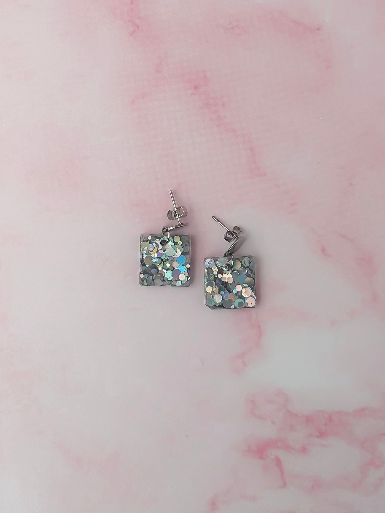 Aquarius Squares - silver glitter Resin Earrings