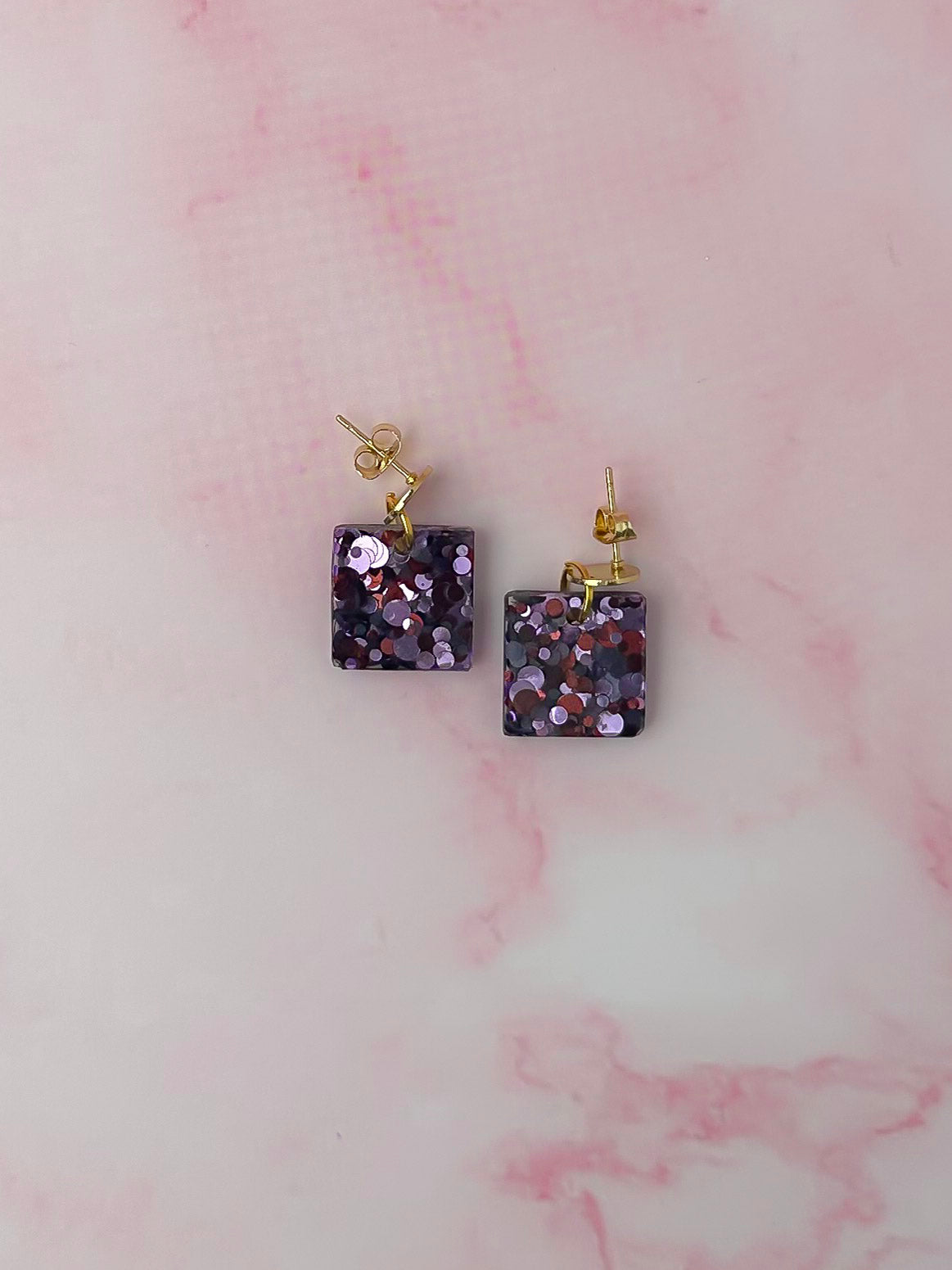 Autumn Squares - purple glitter Resin Earrings