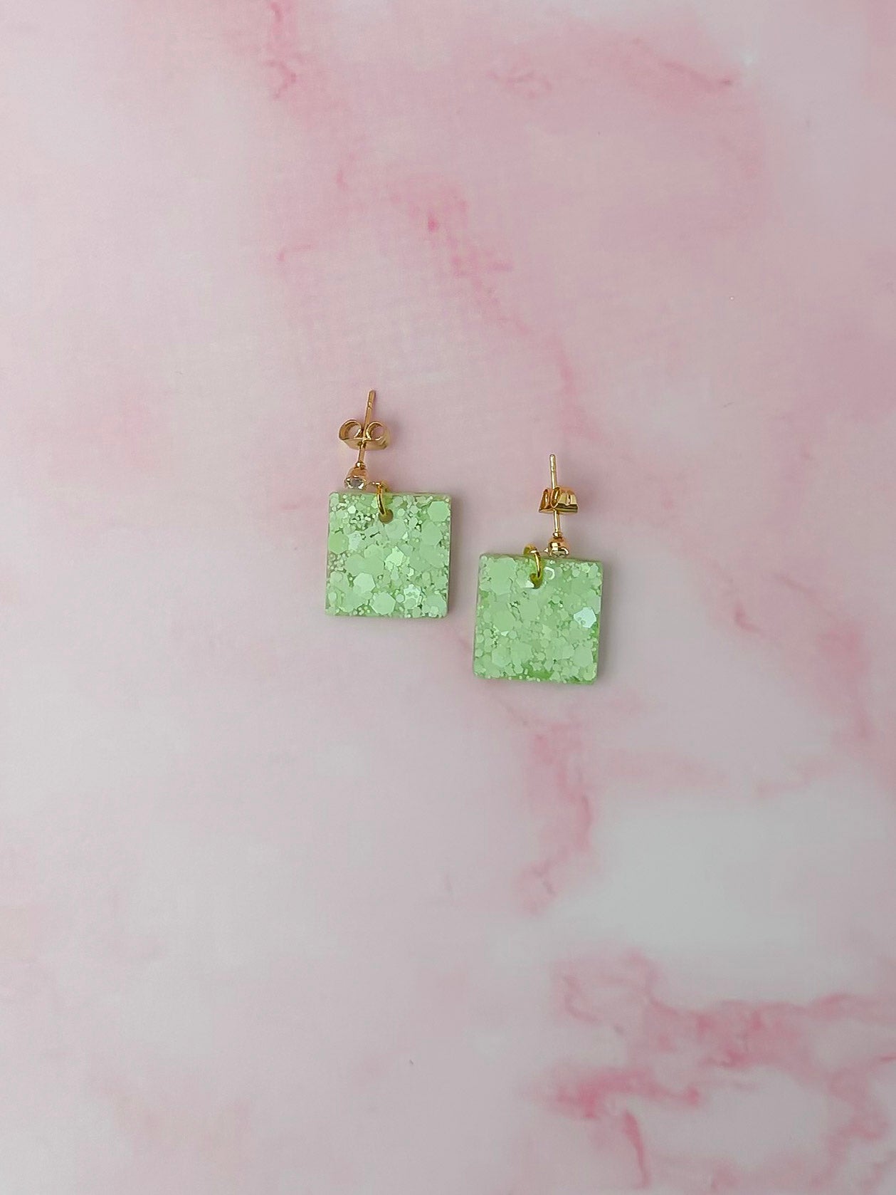 Lime Squares - Pastel lime glitter Resin Earrings