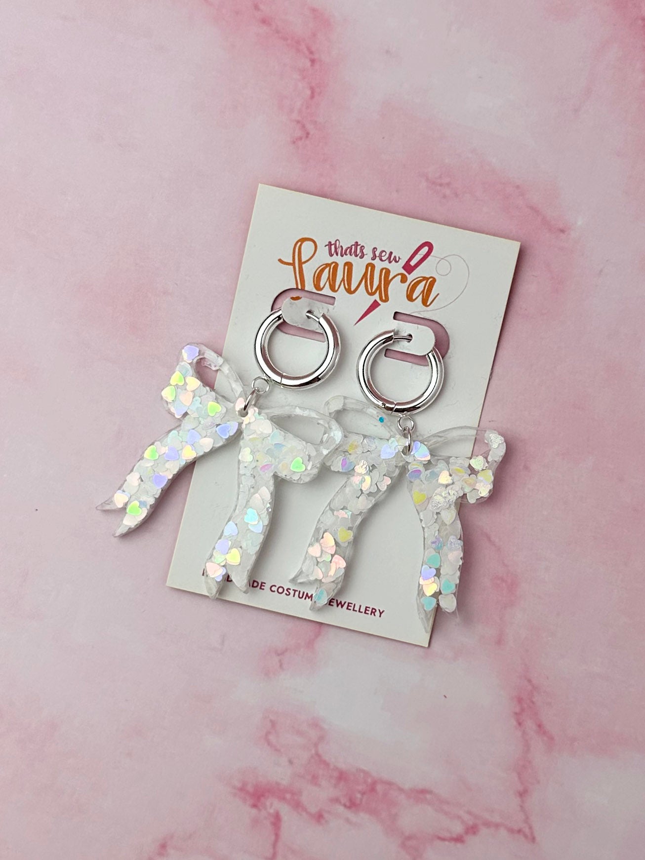 Marry Me Bows - White iridescent heart glitter Resin Earrings