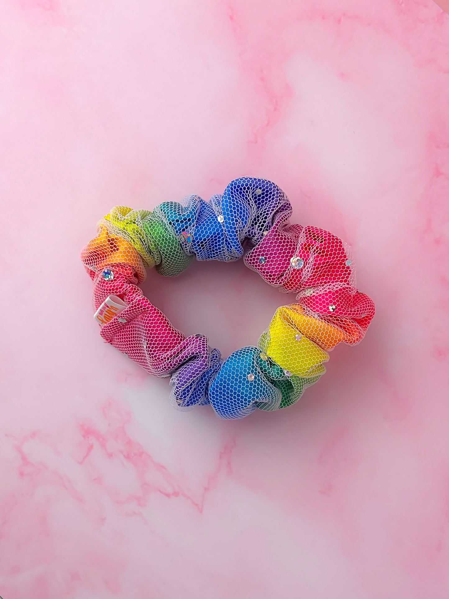 Rainbow Sparkle - Multicolour satin & mesh wide scrunchie