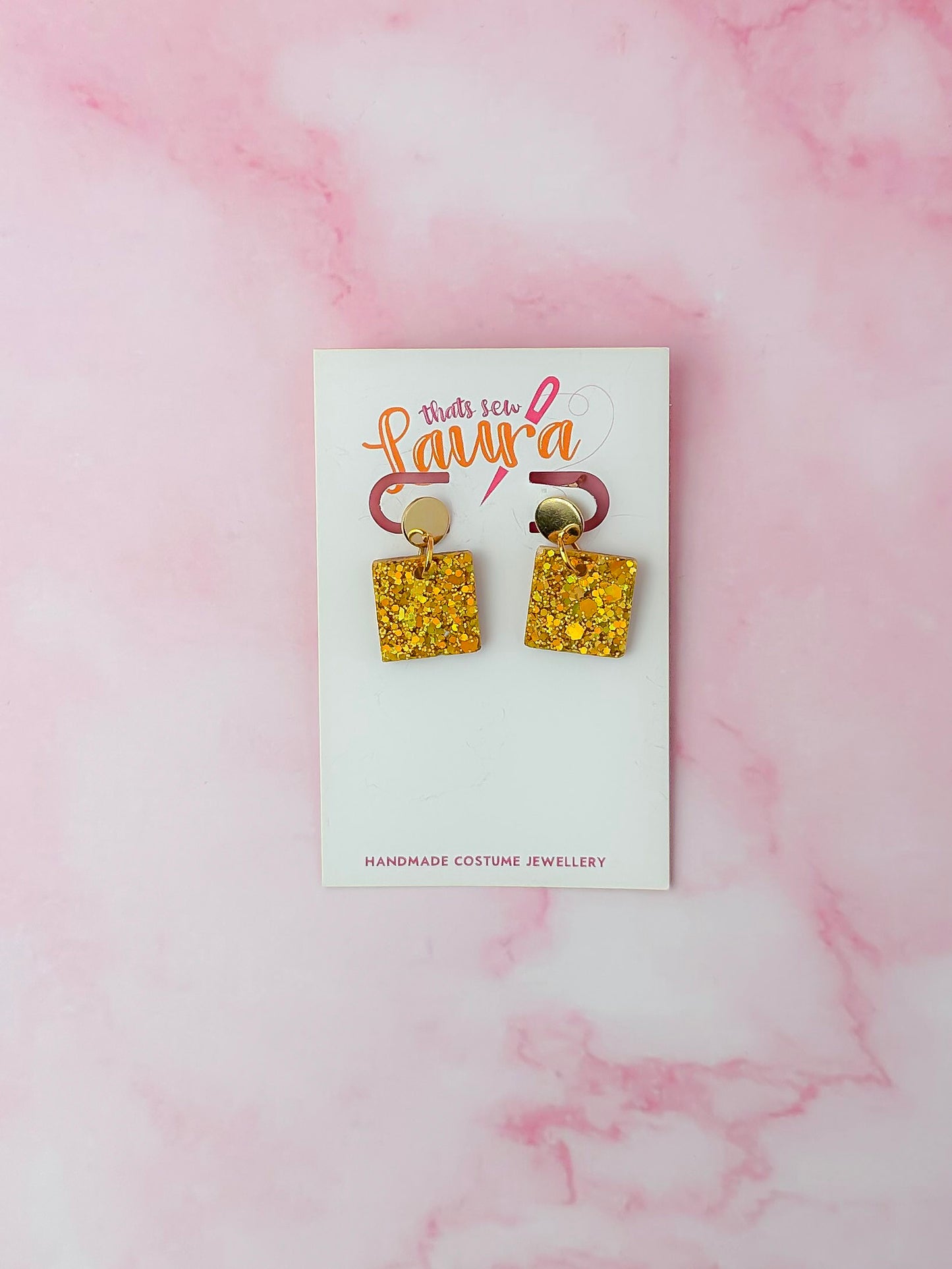 Orange Squares - orange glitter Resin Earrings