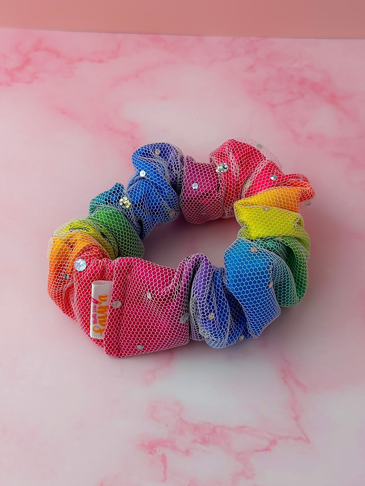 Rainbow Sparkle - Multicolour satin & mesh wide scrunchie